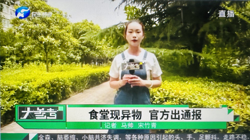 郑州大学张建华教授在盛和苑南门接受河南电视台记者采访，点评高校食堂餐食中再现异物的话题